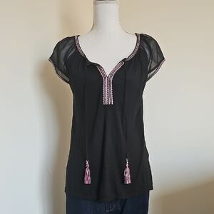 WHBM Black and Pink Embroidered Women's Top